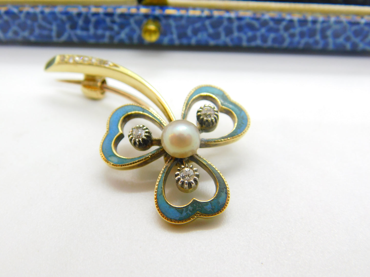 Victorian 18ct Gold, Blue Enamel, Diamond & Pearl Shamrock Brooch Antique c1890