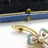 Victorian 18ct Gold, Blue Enamel, Diamond & Pearl Shamrock Brooch Antique c1890