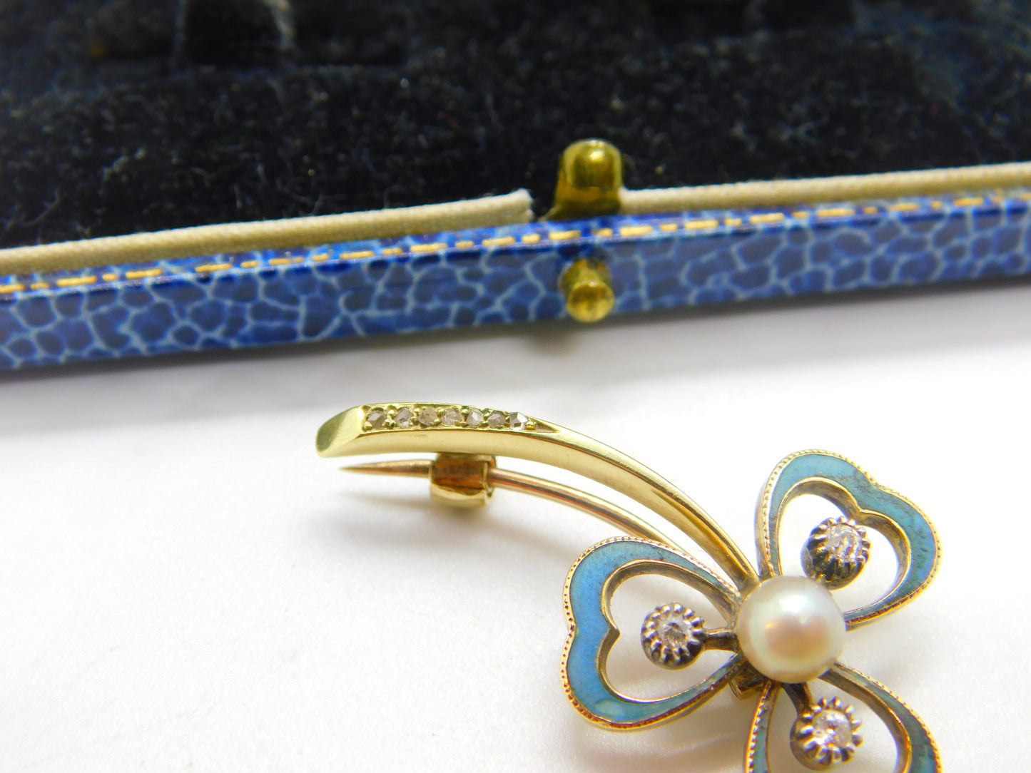 Victorian 18ct Gold, Blue Enamel, Diamond & Pearl Shamrock Brooch Antique c1890