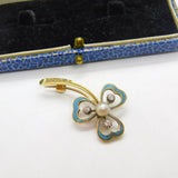 Victorian 18ct Gold, Blue Enamel, Diamond & Pearl Shamrock Brooch Antique c1890