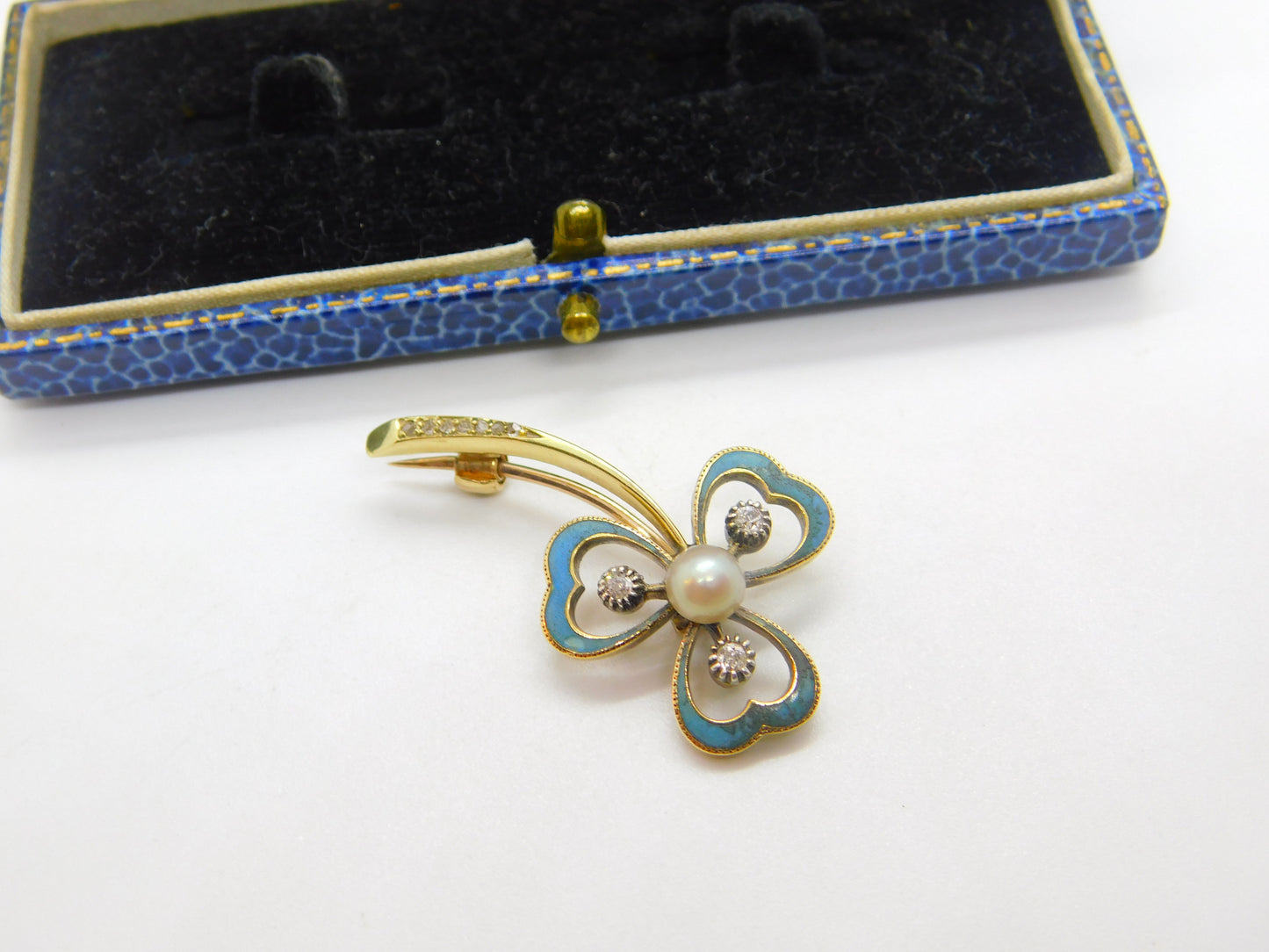 Victorian 18ct Gold, Blue Enamel, Diamond & Pearl Shamrock Brooch Antique c1890