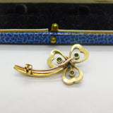 Victorian 18ct Gold, Blue Enamel, Diamond & Pearl Shamrock Brooch Antique c1890