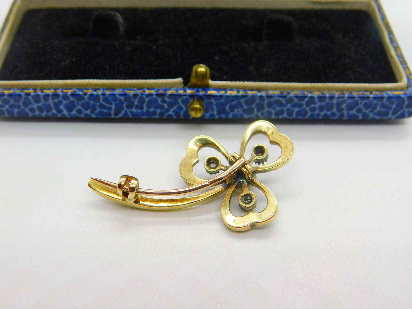 Victorian 18ct Gold, Blue Enamel, Diamond & Pearl Shamrock Brooch Antique c1890