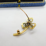 Victorian 18ct Gold, Blue Enamel, Diamond & Pearl Shamrock Brooch Antique c1890