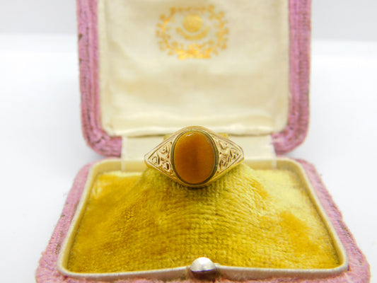 9ct Yellow Gold & Tiger's Eye Set Signet Ring Vintage 1984 Birmingham