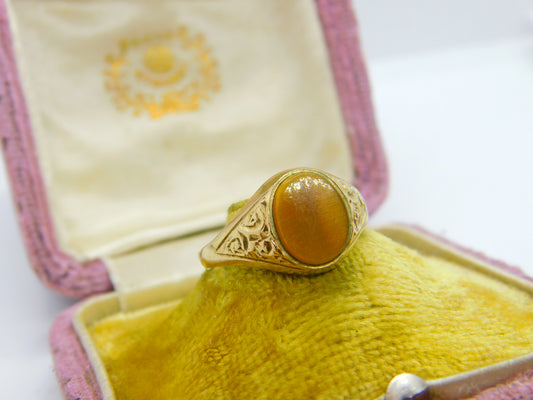 9ct Yellow Gold & Tiger's Eye Set Signet Ring Vintage 1984 Birmingham