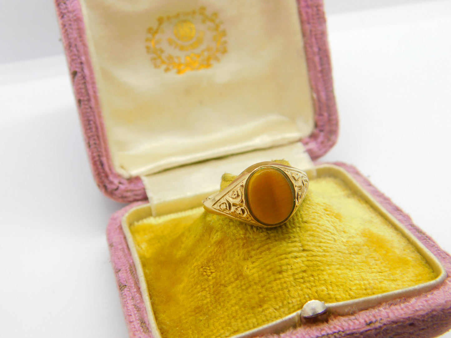 9ct Yellow Gold & Tiger's Eye Set Signet Ring Vintage 1984 Birmingham