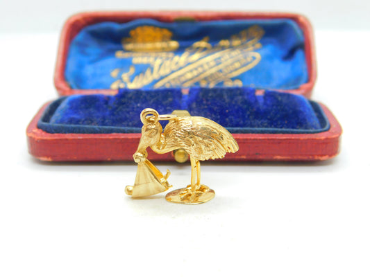 Stork Delivering Baby English 9ct Yellow Gold Charm or Pendant Vintage 1964