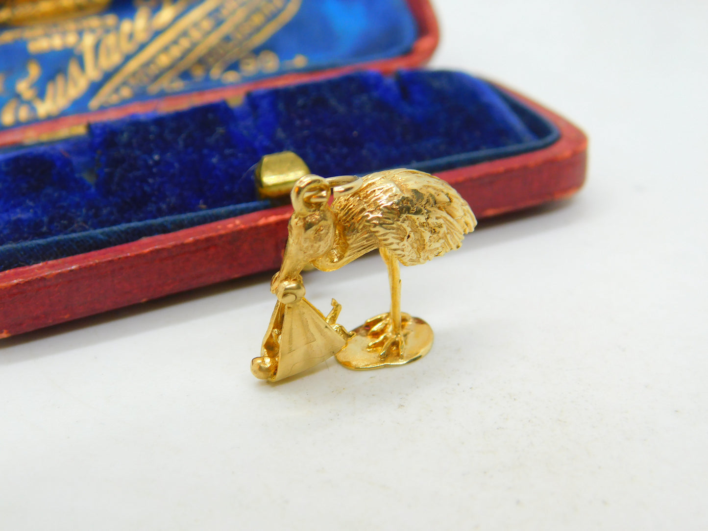 Stork Delivering Baby English 9ct Yellow Gold Charm or Pendant Vintage 1964