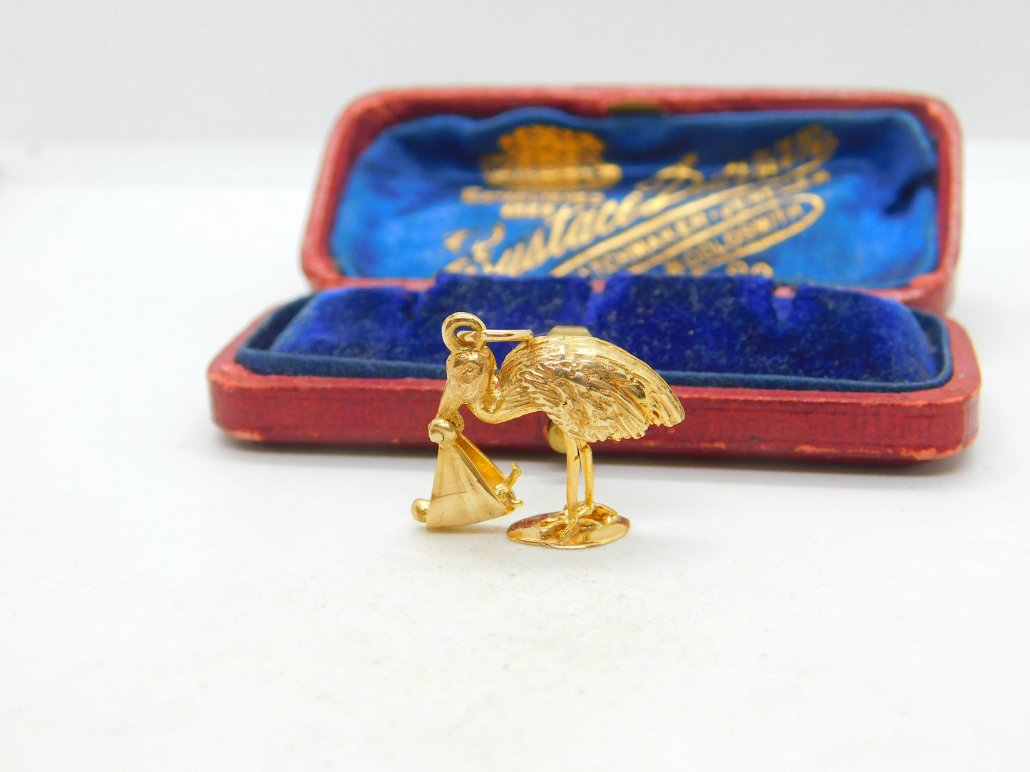 Stork Delivering Baby English 9ct Yellow Gold Charm or Pendant Vintage 1964