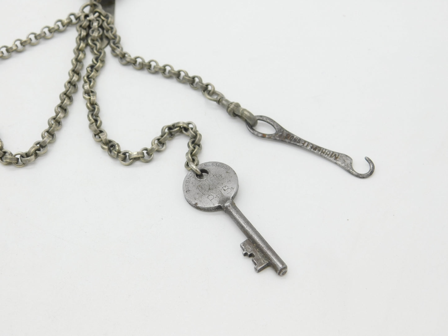 Victorian Silver Plated Chatelaine with Whistle, Key & Hook Antique c1880