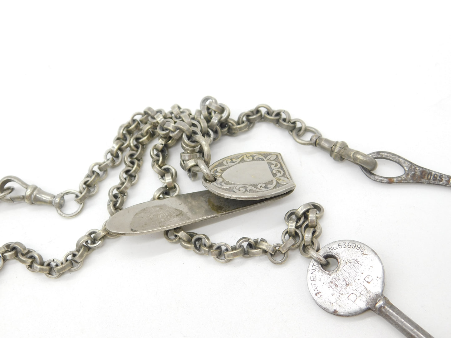 Victorian Silver Plated Chatelaine with Whistle, Key & Hook Antique c1880