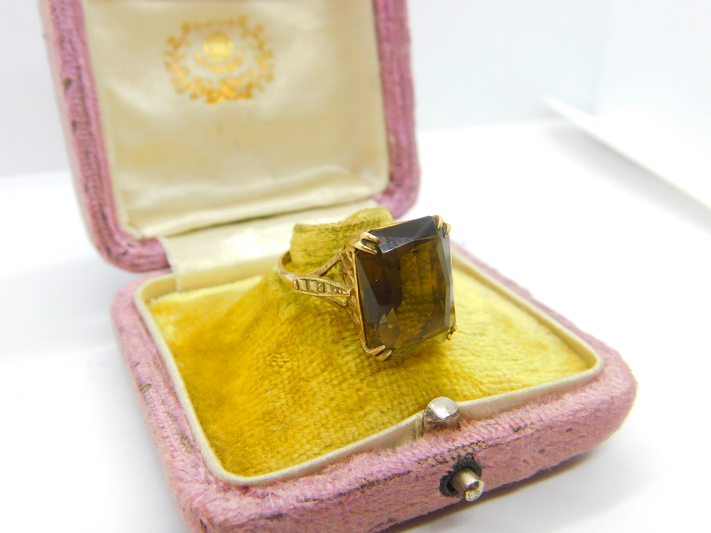 9ct Yellow Gold & Emerald Cut Citrine Cocktail Ring Vintage 1992 Birmingham