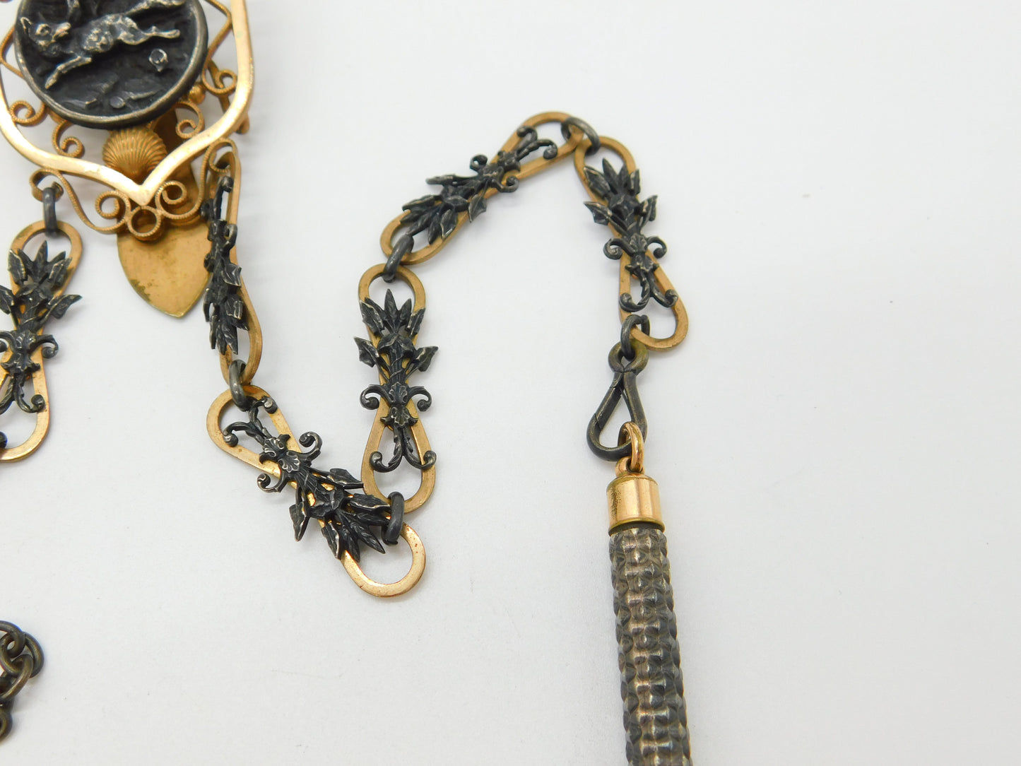 Victorian French Rolled Gold & Cut Steel Sewing Chatelaine Running Fox Pattern