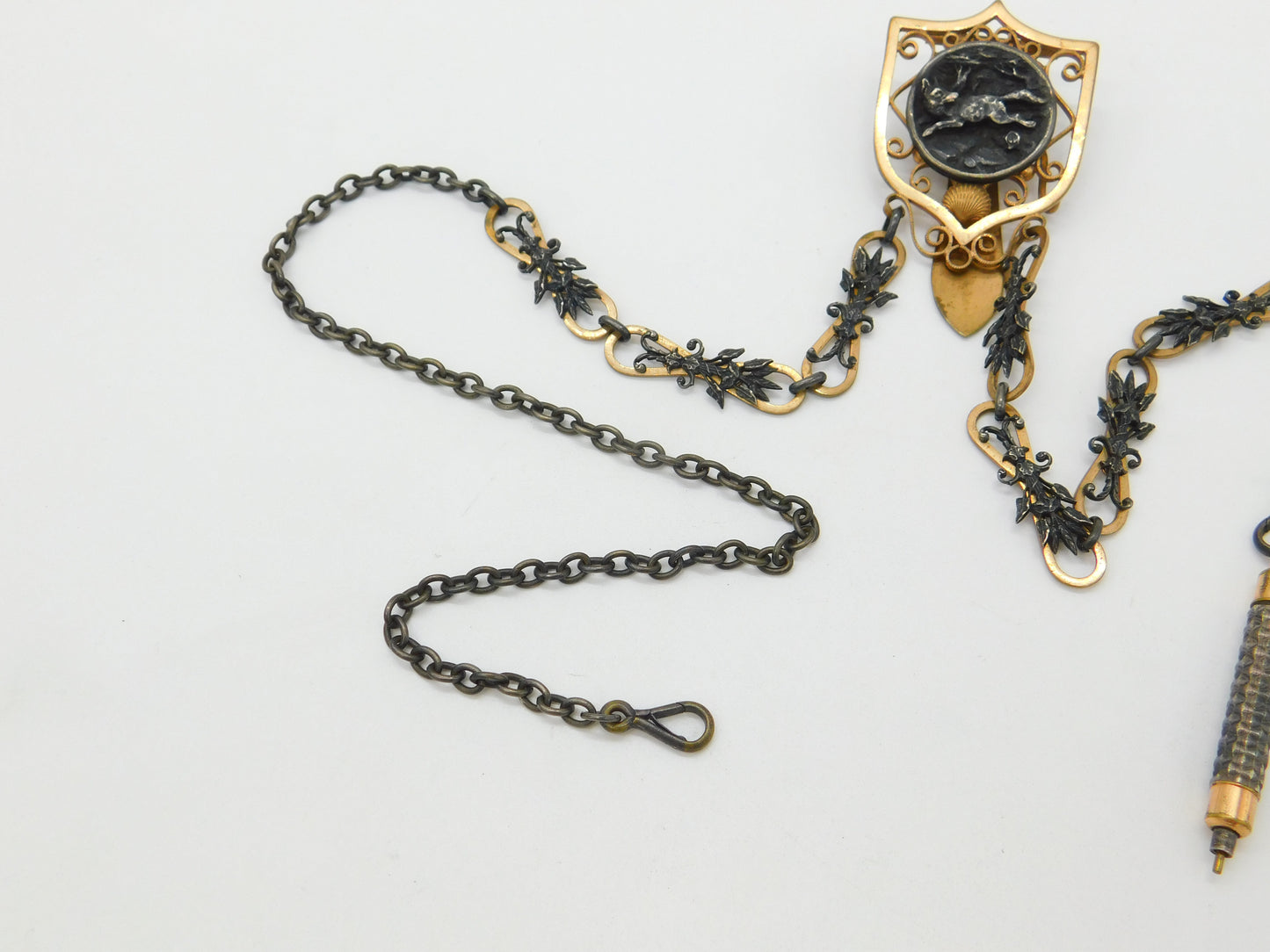 Victorian French Rolled Gold & Cut Steel Sewing Chatelaine Running Fox Pattern