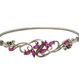 Sterling Silver Ruby & Diamond Floral Bangle Bracelet Vintage c1980
