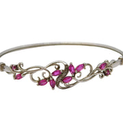 Sterling Silver Ruby & Diamond Floral Bangle Bracelet Vintage c1980