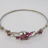 Sterling Silver Ruby & Diamond Floral Bangle Bracelet Vintage c1980