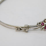 Sterling Silver Ruby & Diamond Floral Bangle Bracelet Vintage c1980