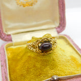 9ct Gold & Cabochon Bohemian Garnet Floral Victorian Style Ring Vintage 1976