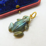 Carved Labradorite Frog Pendant 9ct Yellow Gold Bale Antique Art Deco c1920