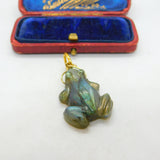 Carved Labradorite Frog Pendant 9ct Yellow Gold Bale Antique Art Deco c1920