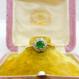 9ct Yellow Gold Natural Emerald & Diamond Floral Ring Vintage 1982 London