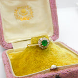 9ct Yellow Gold Natural Emerald & Diamond Floral Ring Vintage 1982 London