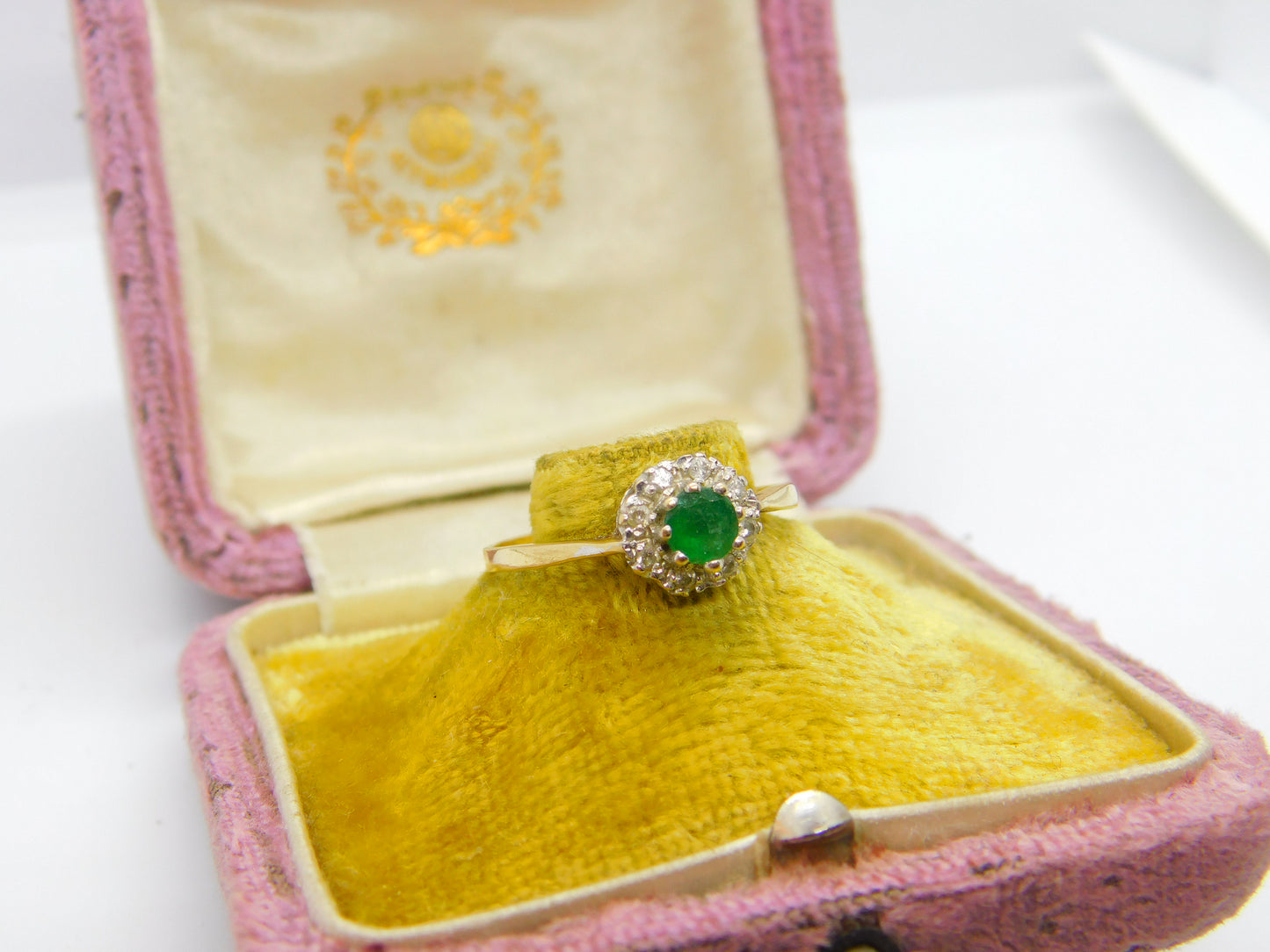 9ct Yellow Gold Natural Emerald & Diamond Floral Ring Vintage 1982 London