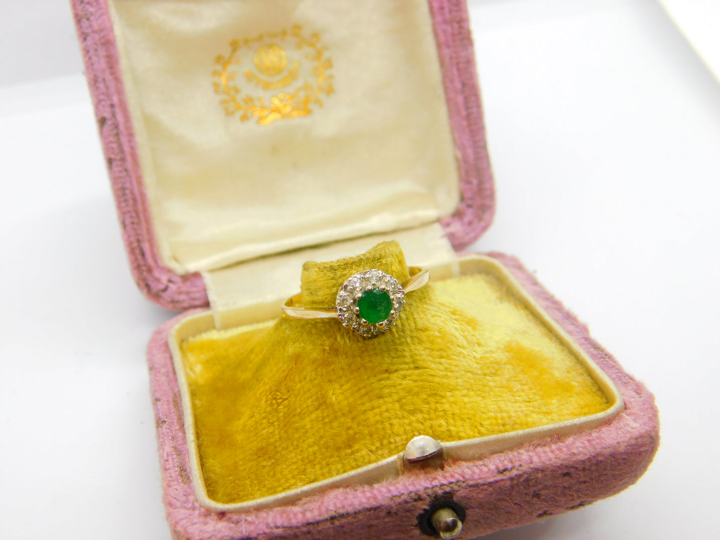 9ct Yellow Gold Natural Emerald & Diamond Floral Ring Vintage 1982 London