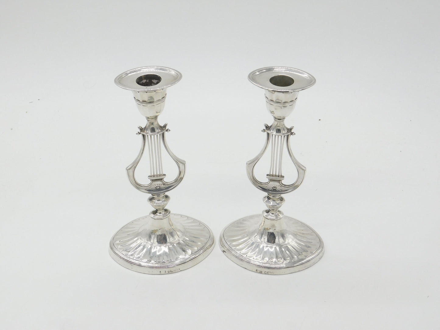 Victorian Pair Sterling Silver Harp Pattern Table Candlesticks 1891 Sheffield