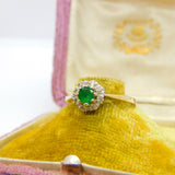9ct Yellow Gold Natural Emerald & Diamond Floral Ring Vintage 1982 London
