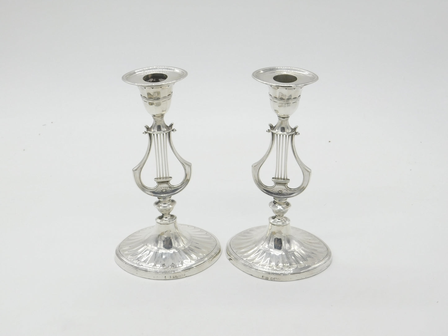 Victorian Pair Sterling Silver Harp Pattern Table Candlesticks 1891 Sheffield