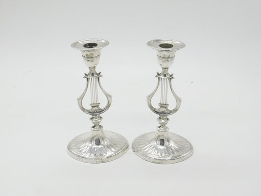 Victorian Pair Sterling Silver Harp Pattern Table Candlesticks 1891 Sheffield