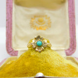 Victorian 15ct Yellow Gold & Turquoise Set Flower Ring Antique c1900 Small