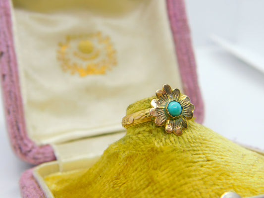 Victorian 15ct Yellow Gold & Turquoise Set Flower Ring Antique c1900 Small