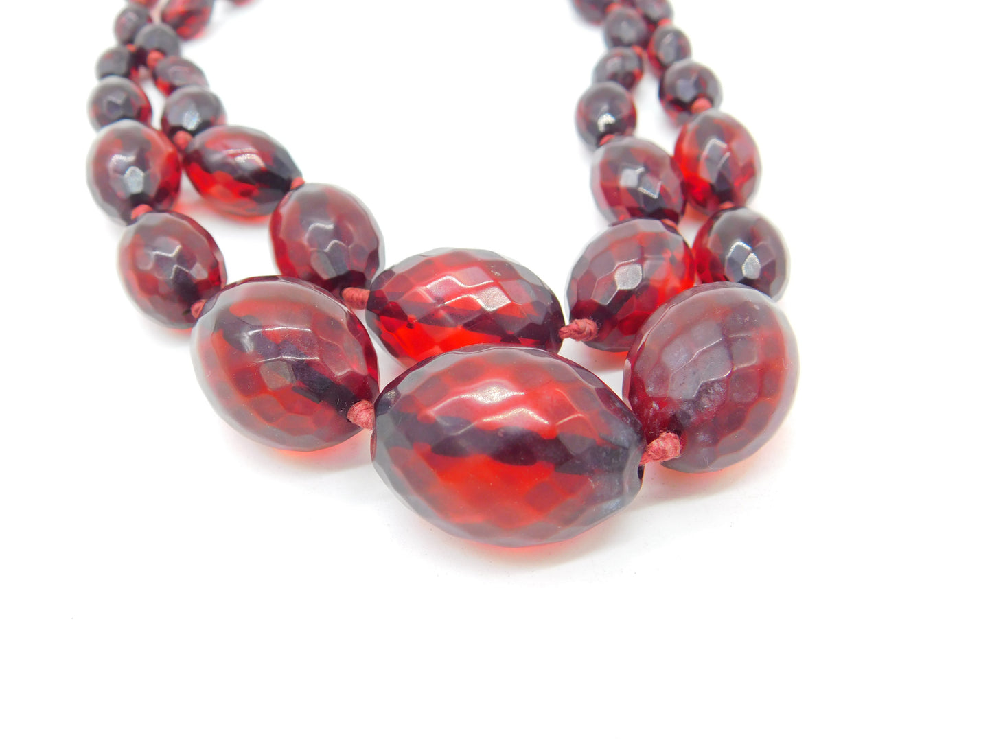 Graduated Faceted Cherry Amber Bakelite Double Strand Necklace Antique c1920