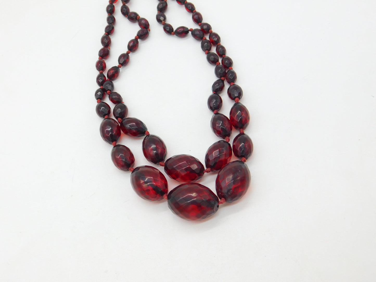 Graduated Faceted Cherry Amber Bakelite Double Strand Necklace Antique c1920