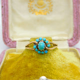 Austro-Hungarian 14ct Gold & Turquoise Set Floral Band Ring Antique c1920