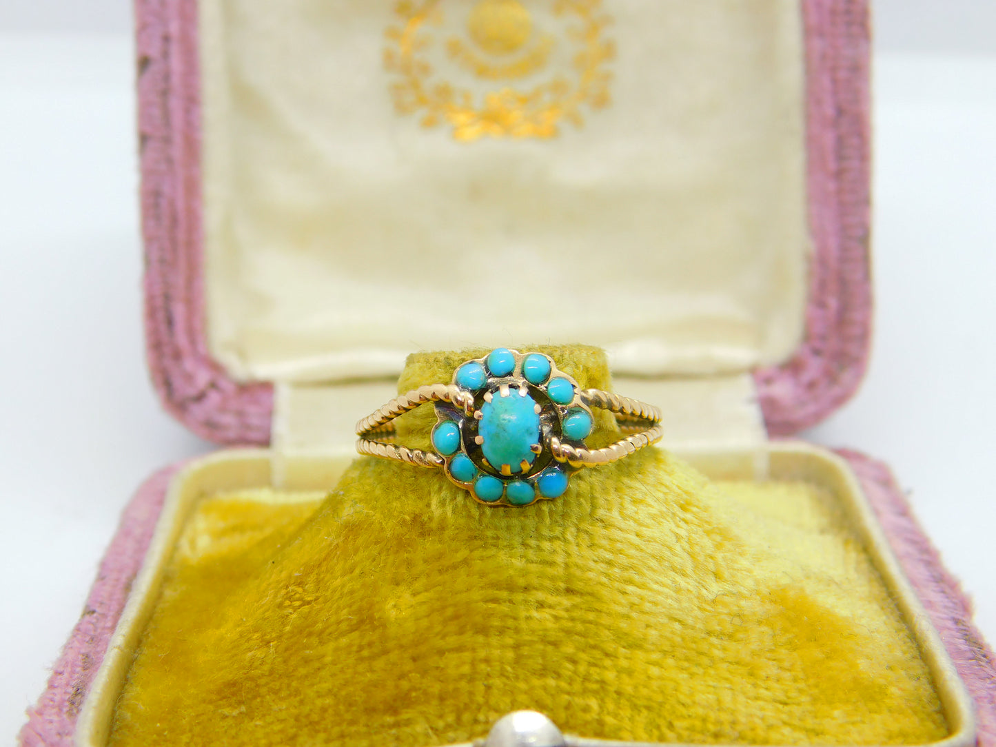 Austro-Hungarian 14ct Gold & Turquoise Set Floral Band Ring Antique c1920