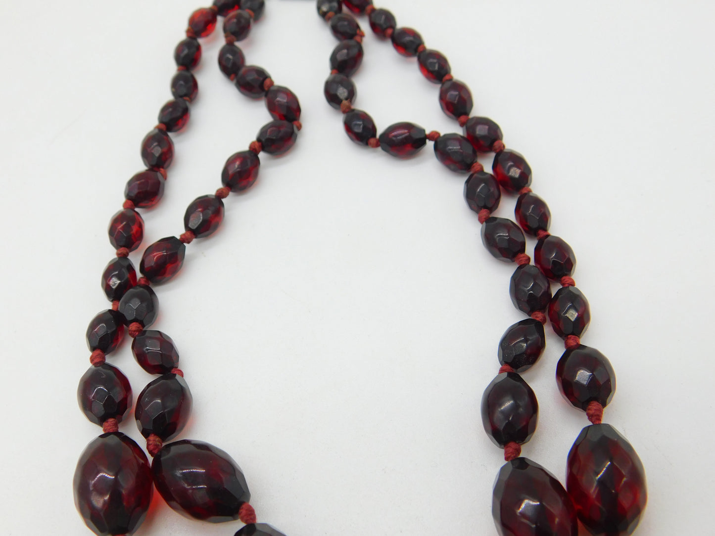 Graduated Faceted Cherry Amber Bakelite Double Strand Necklace Antique c1920