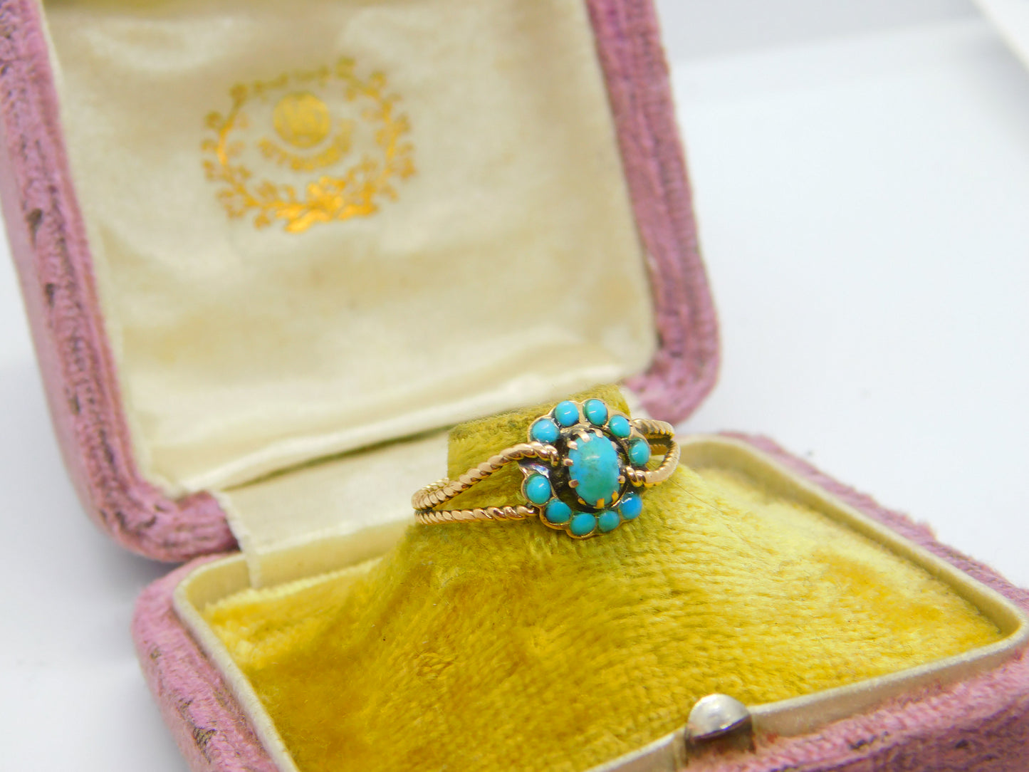 Austro-Hungarian 14ct Gold & Turquoise Set Floral Band Ring Antique c1920