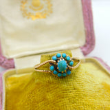 Austro-Hungarian 14ct Gold & Turquoise Set Floral Band Ring Antique c1920
