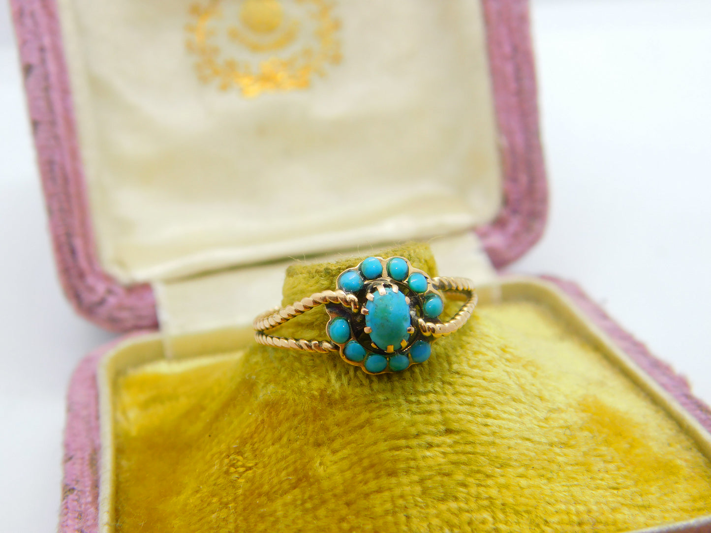 Austro-Hungarian 14ct Gold & Turquoise Set Floral Band Ring Antique c1920