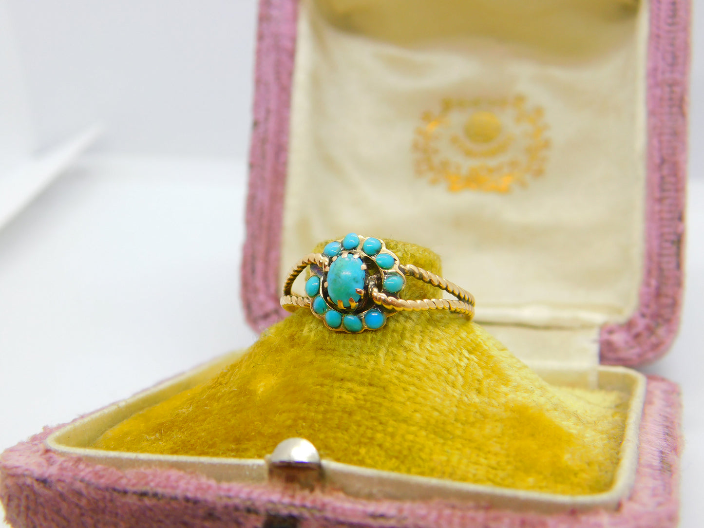 Austro-Hungarian 14ct Gold & Turquoise Set Floral Band Ring Antique c1920