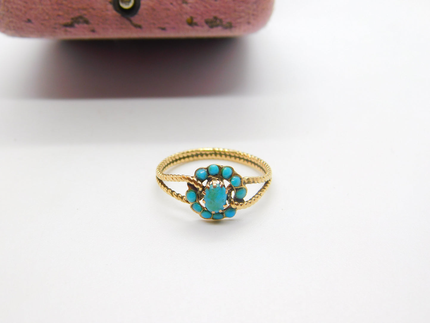 Austro-Hungarian 14ct Gold & Turquoise Set Floral Band Ring Antique c1920