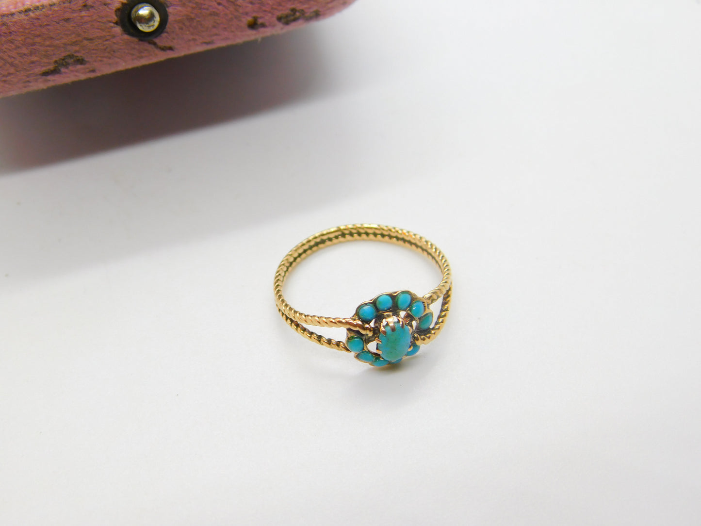 Austro-Hungarian 14ct Gold & Turquoise Set Floral Band Ring Antique c1920