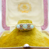 9ct Yellow Gold, Fire Opal & Diamond Victorian Style Boat Ring Vintage c1970