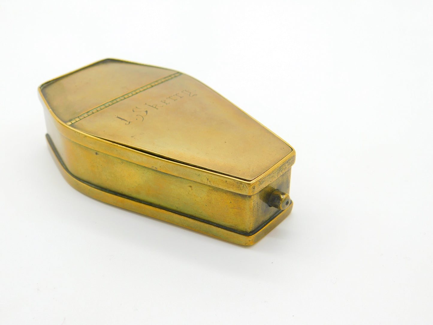 Victorian Coffin Shaped Brass Snuff Box Sprung Hinge Antique c1860 J Skerry