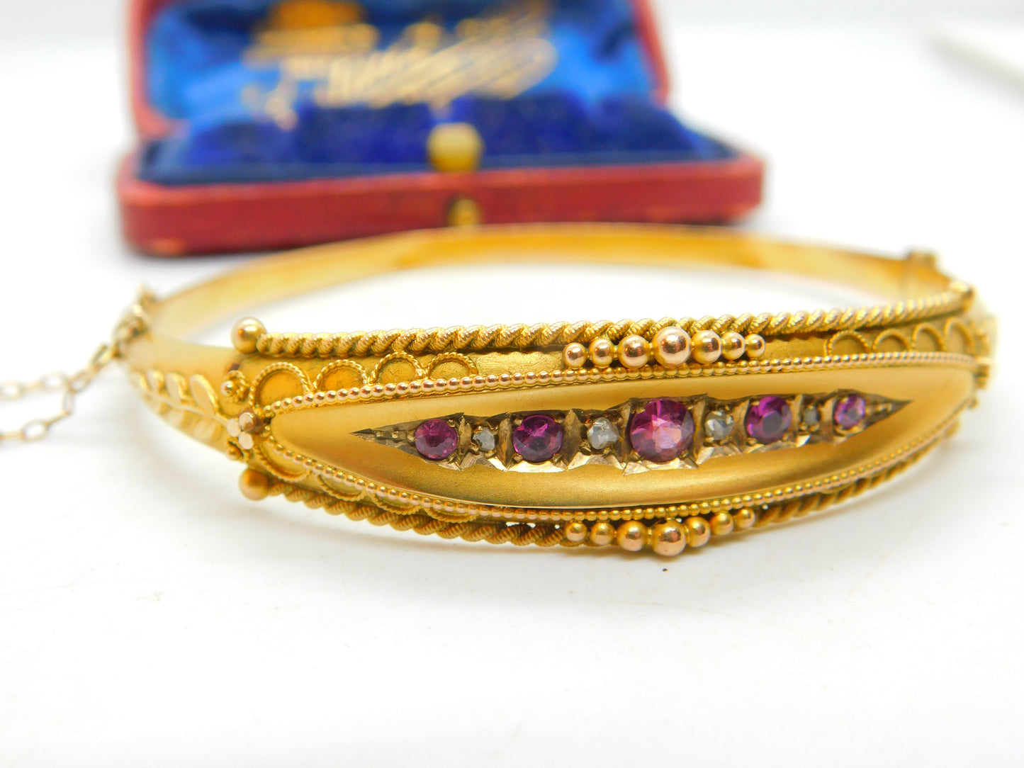 Pink Tourmaline & 0.25ct Diamond 9ct Gold Bangle Bracelet Chester Antique 1912